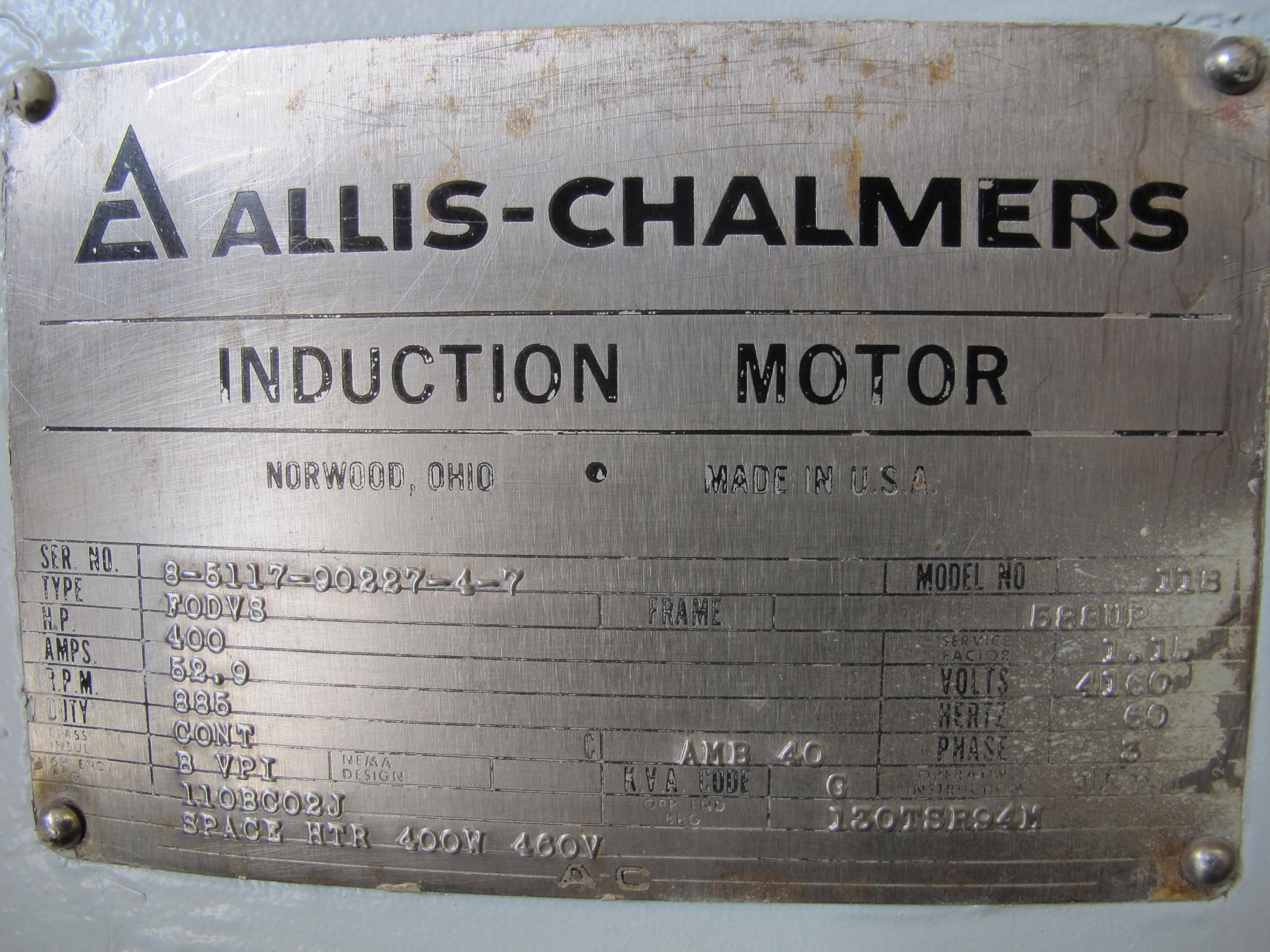 MOTOR, ELECTRIC TYPE, 400 HORSEPOWER, 4160VAC, 3 PHASE ELEC RATING, 900 RPM, 588 FRAME. FOR ORIGINAL SWC PUMP MOTORS AT SONGS.FOR NEW REPLACEMENTS USE MAT CODE 026-39581 - 0.4KW, 480V SPACE HEATER (W-50) LOADING & HANDLING FEE $500-